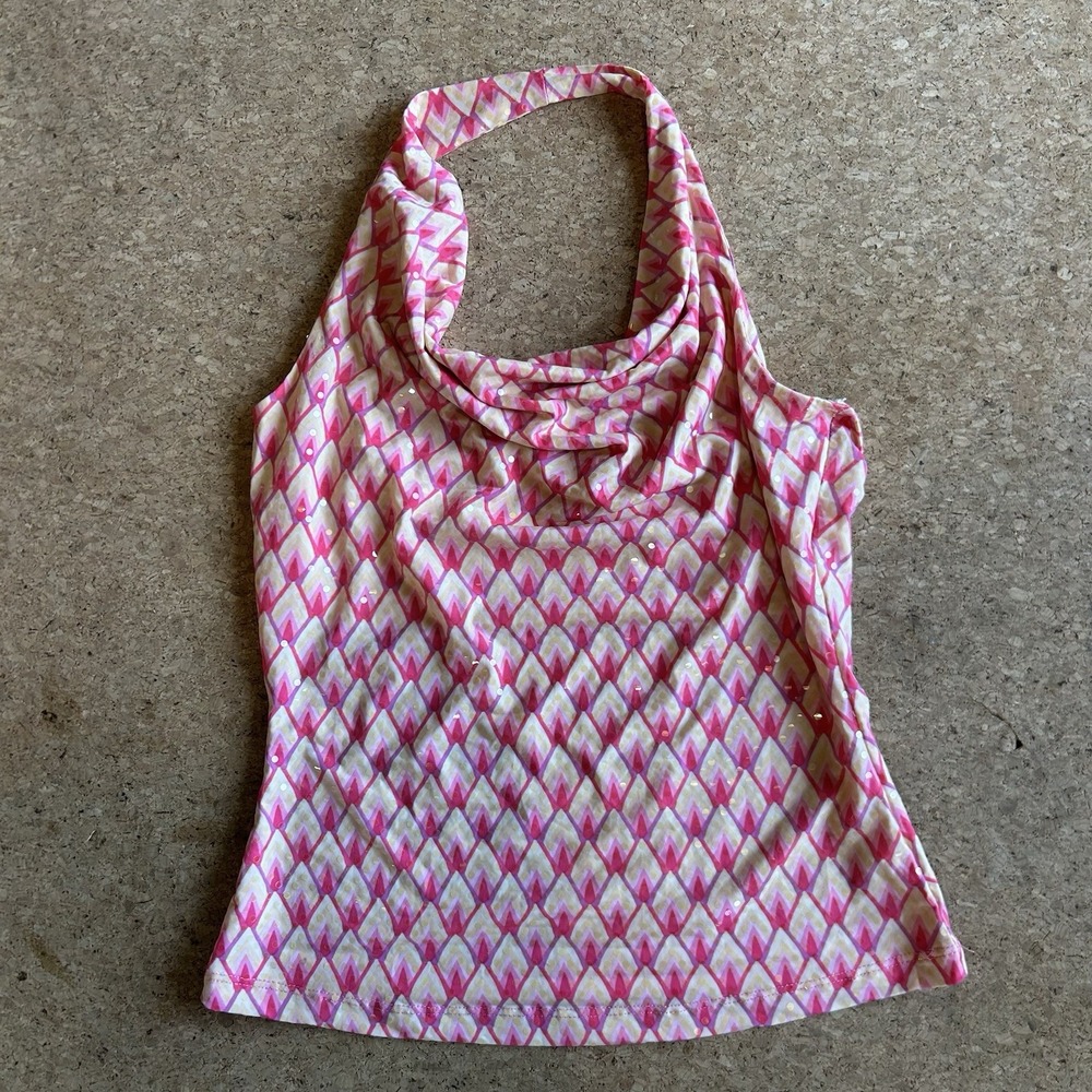 Xscape Womens S Y2K Halter Top Pink Geometric Sequin Disco Going Out Made USA
